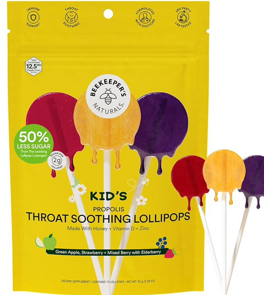 Kids Throat Soothing Lollipops by Beekeeper's Naturals - Doctor Formulated Immune Support, Vitamin D & Honey, Under 2g Sugar, Clean Ingredients,15 ct